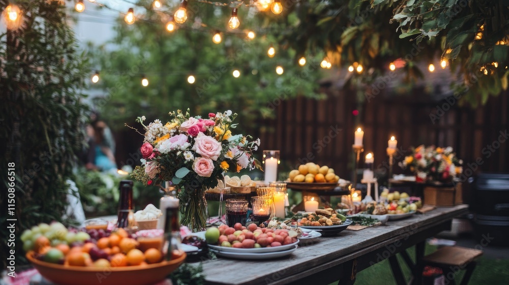 Fototapeta premium Outdoor Evening Reception with Food, Flowers, and Fairy Lights