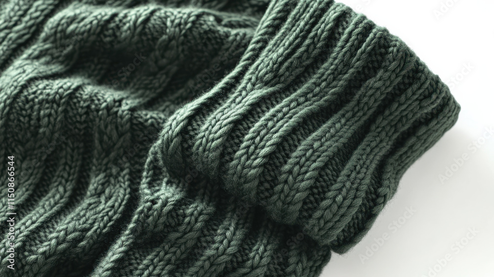 Fototapeta premium A high-definition detailed photograph of a chunky knit sweater with a cable-knit pattern, colored in deep forest green, perfectly placed on a pure white background. The sweater appears soft
