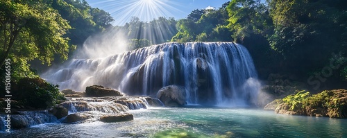 A sparkling waterfall surrounded by lush greenery and sunlight beams