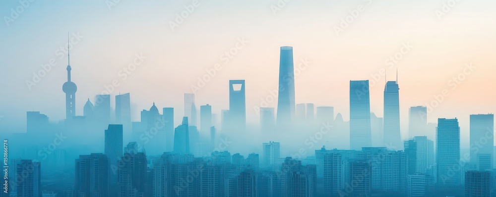 Fototapeta premium A serene city skyline at dawn, shrouded in mist with tall buildings silhouetted against a pale blue sky.