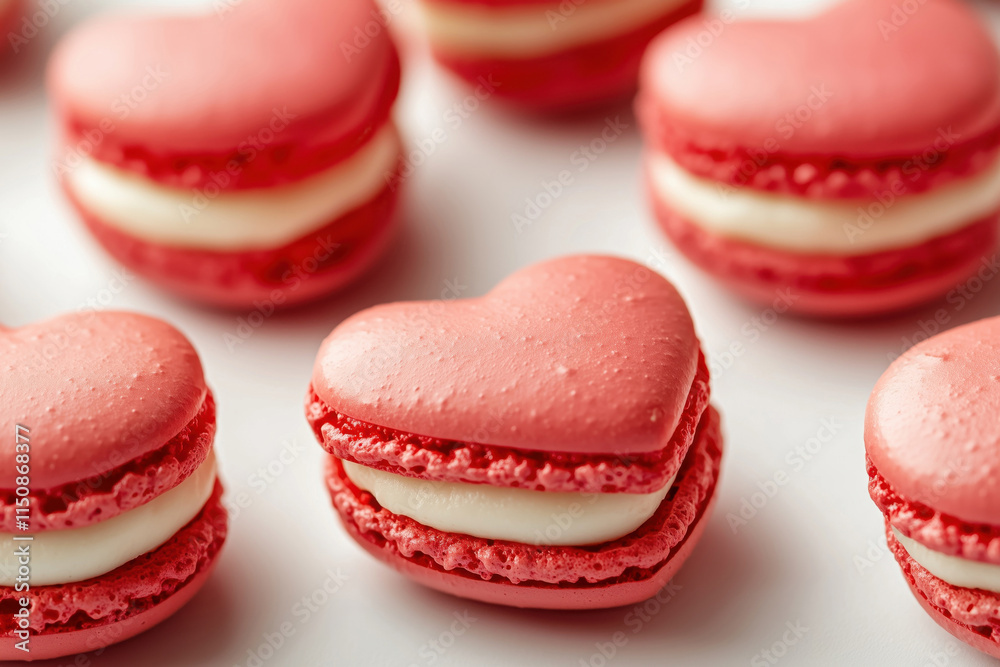 Fototapeta premium Close-up of red heart-shaped macarons filled with cream