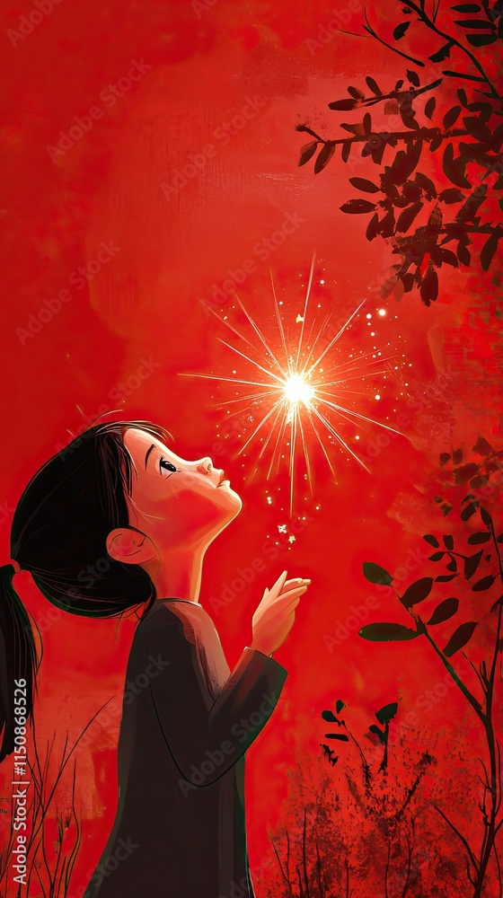 Girl Gazing at a Bright Sparkling Light in a Red Landscape Girl Gazing at a Bright Sparkling Light in a Red Landscape