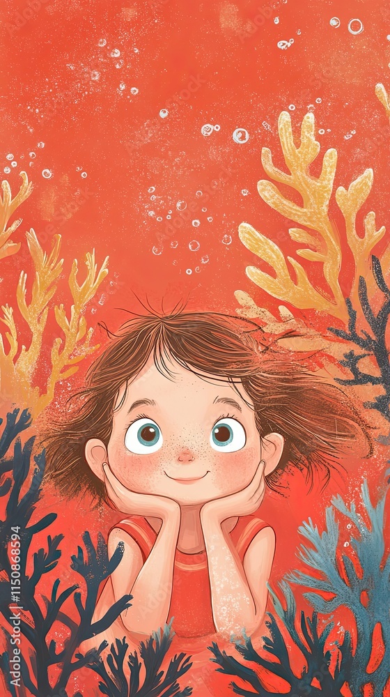 Girl Dreaming Underwater Among Coral Reefs