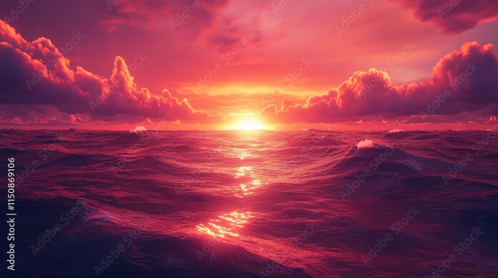 Majestic Sunset Over Calm Ocean Waves with Vibrant Colorful Sky Majestic Sunset Over Calm Ocean Waves with Vibrant Colorful Sky