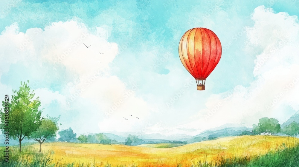 Obraz premium Red hot air balloon floats serenely over a picturesque watercolor landscape.