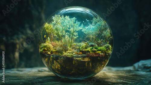 Stunning Representation of Biodiversity with Glowing Ecosystem Layers Stacked as Transparent Strata Inside a Rotating Sphere