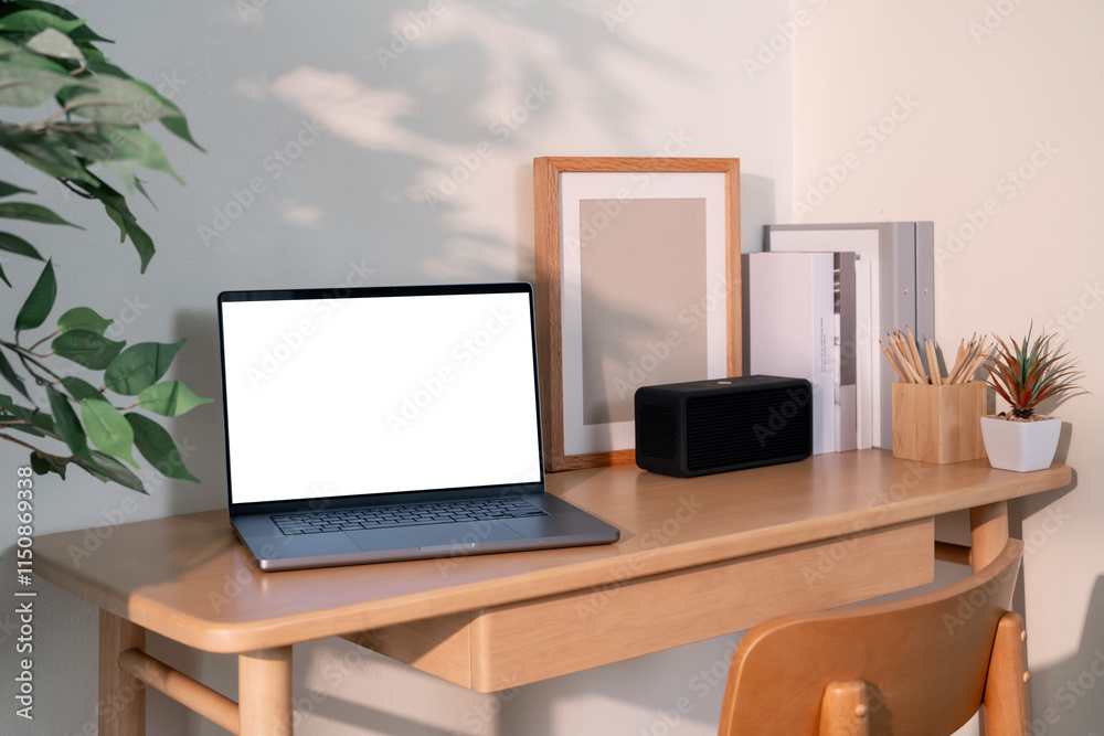 Open laptop with blank screen on a wooden desk in a cozy room home office Open laptop with blank screen on a wooden desk in a cozy room home office