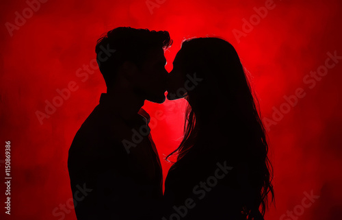 A Romantic Silhouette of a Couple Kissing Against a Dramatic Red Background with Emotional Impact, valentine day concept photo