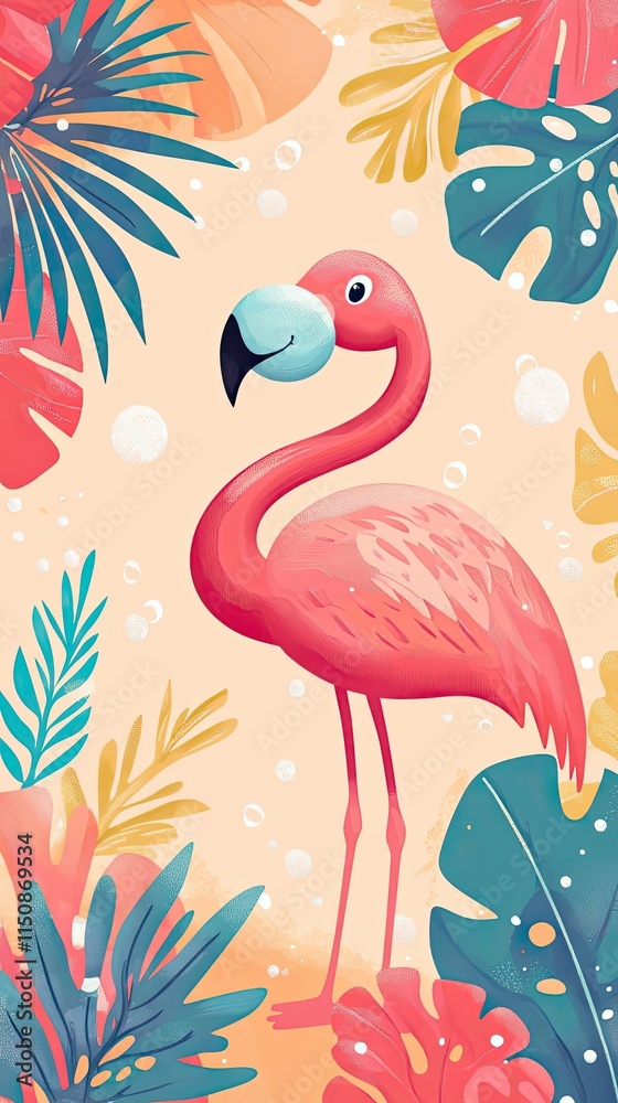 Fototapeta premium Pink Flamingo Amidst Vibrant Tropical Leaves