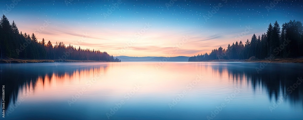 Fototapeta premium Serene nature concept. Serene lake at dawn reflecting the vibrant colors of the sky and surrounding trees.