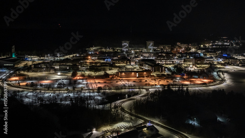 Ithaca, NY, USA - 12-21-2024: Aerial image of Ithaca College's yearly tradition of lighting the East and West residential towers with last two numbers of the year.