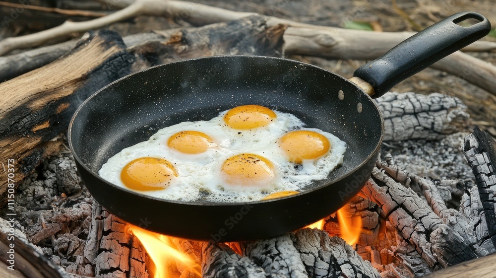Cooking Fresh Eggs in a Pan Over Open Campfire Flames Outdoors Cooking Fresh Eggs in a Pan Over Open Campfire Flames Outdoors