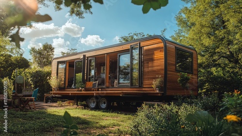 Modern Tiny House with Large Windows Surrounded by Lush Greenery