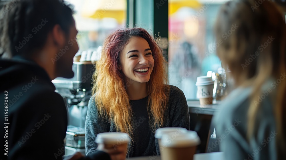 A group of diverse and happy customers at a coffee shop A group of diverse and happy customers at a coffee shop