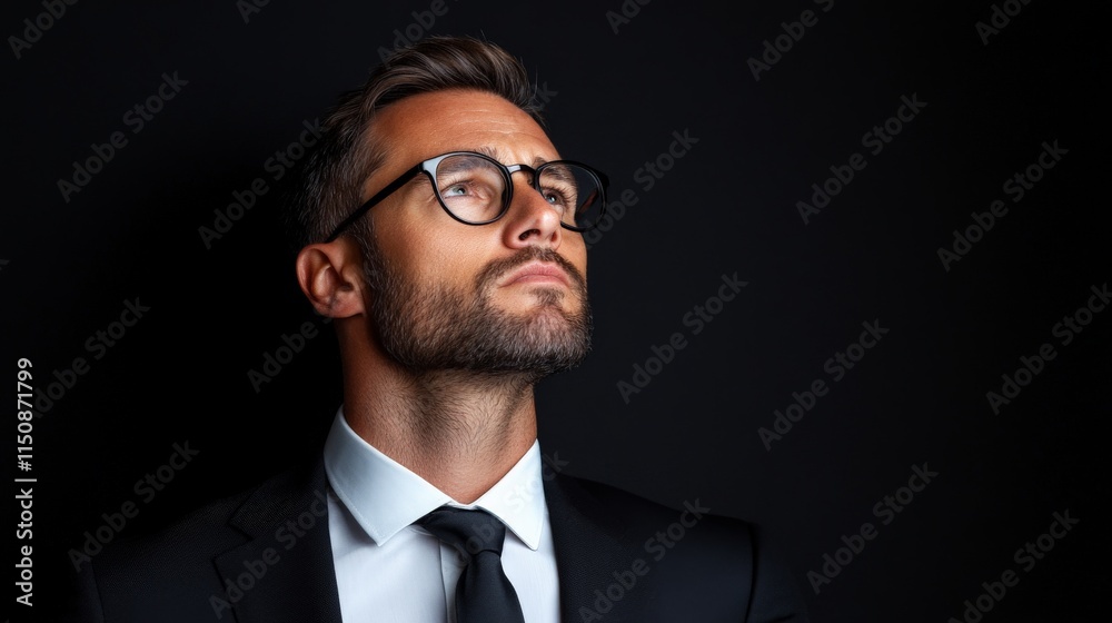 Confident Businessman: Portrait of a handsome man in a suit and glasses, looking upward with a thoughtful and determined expression against a dark background. Confident Businessman: Portrait of a handsome man in a suit and glasses, looking upward with a thoughtful and determined expression against a dark background.