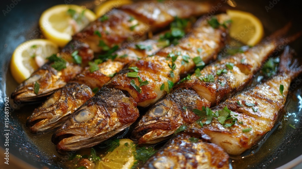 Grilled Fish Platter with Fresh Lemon and Herbs in a Pan Grilled Fish Platter with Fresh Lemon and Herbs in a Pan