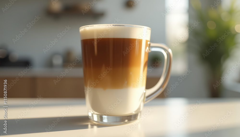 Warm layered coffee with milk in a clear glass mug on a kitchen countertop Warm layered coffee with milk in a clear glass mug on a kitchen countertop