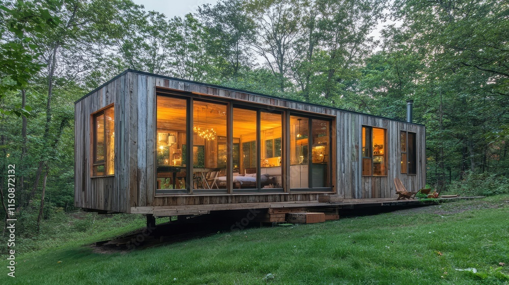 Fototapeta premium Modern Wooden Cabin Surrounded by Greenery in Nature Setting