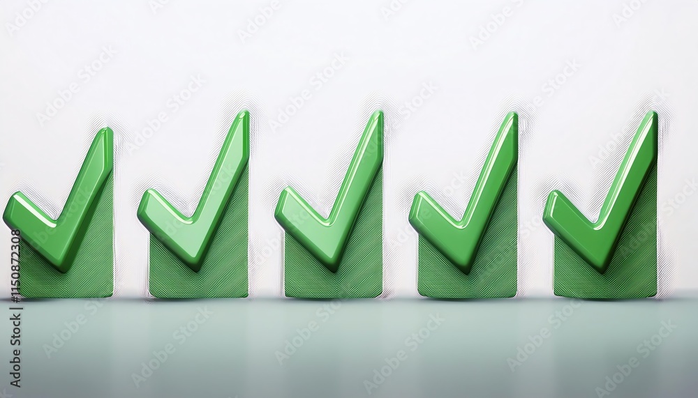 A row of five green checkmarks symbolizes success, approval, and completion against a minimalist backdrop. A row of five green checkmarks symbolizes success, approval, and completion against a minimalist backdrop.