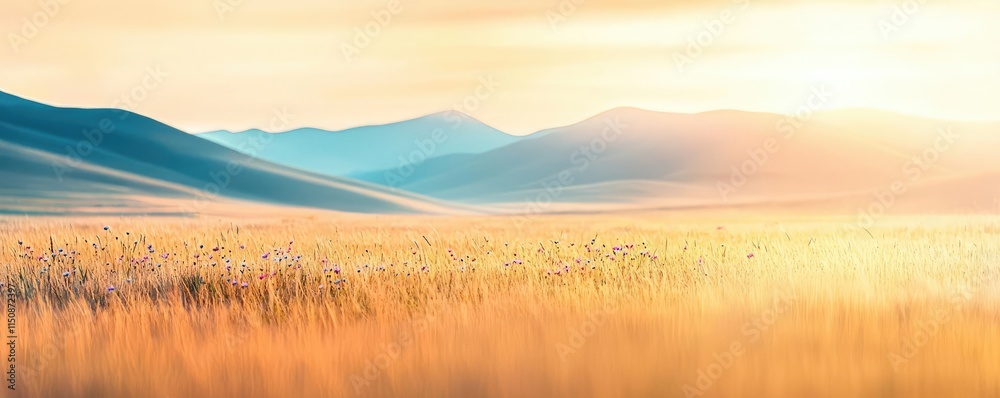 Obraz premium Serene nature idea. A serene landscape with golden grass fields and gentle mountains in the background.