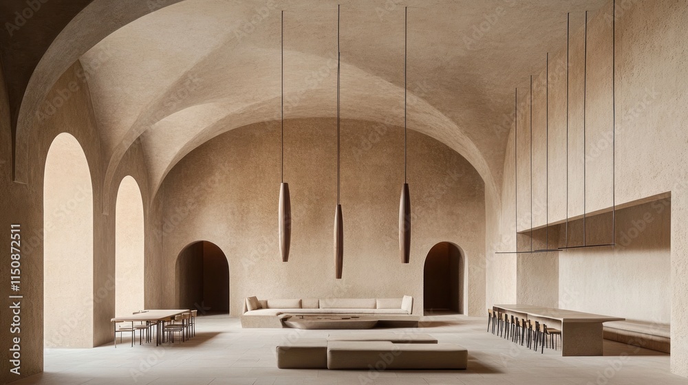 Fototapeta premium Minimalist interior design of a spacious hall with arched ceilings and beige walls, featuring contemporary furniture and pendant lights.