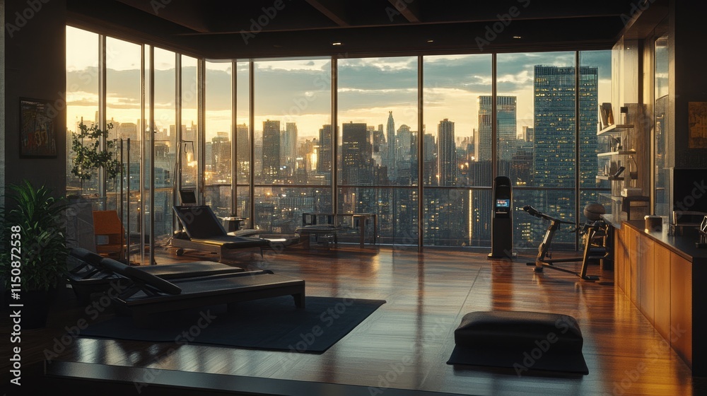 Fototapeta premium Luxury apartment gym with city view at sunset.