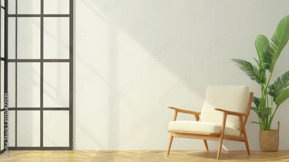 Minimalist living room with armchair, plant, and sunlight. Minimalist living room with armchair, plant, and sunlight.