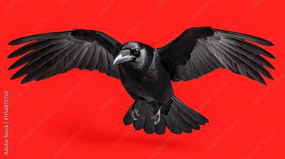 Naklejka premium Black crow in flight against red background.