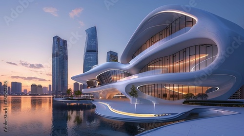 Futuristic Waterfront Building with Curvilinear Design at Dusk