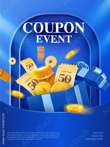 3d unlimited coupons and gift lucky money, golden coins in an opened gift box, isolated on blue background. Gift voucher banner template with flying coins and gift box in 3d vector. Vector