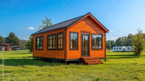 Bright Wooden Cottage Surrounded by Green Grass and Trees