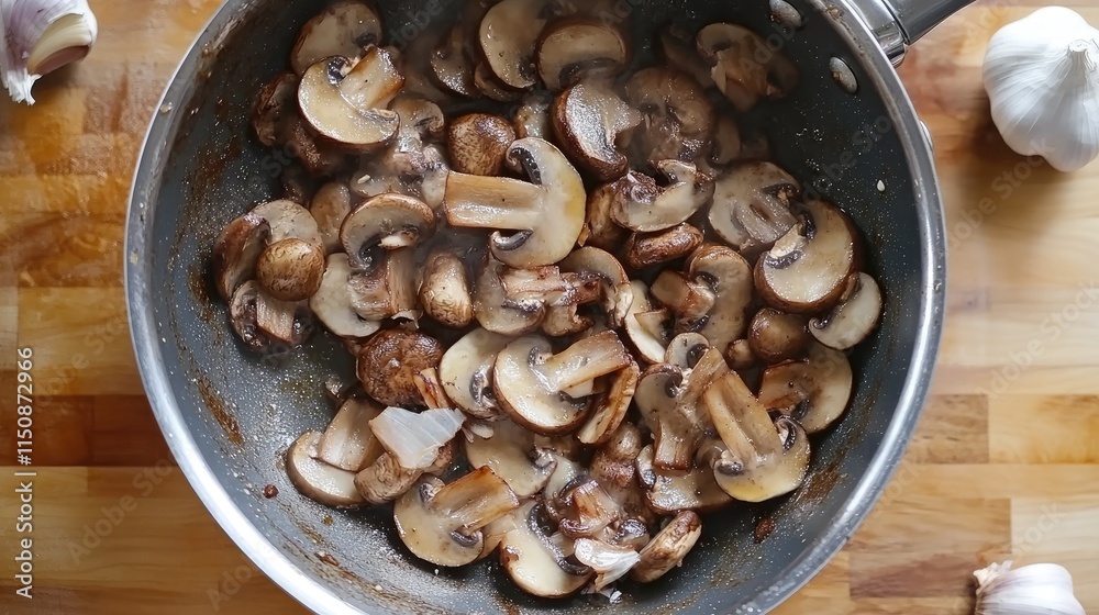 Sautéed Mushrooms with Garlic in a Silver Pan on Wooden Cutting Board Sautéed Mushrooms with Garlic in a Silver Pan on Wooden Cutting Board