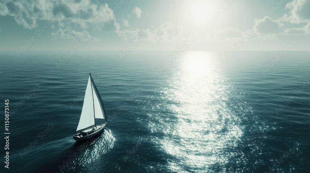 Fototapeta premium Sailboat sailing on calm ocean water at sunset.