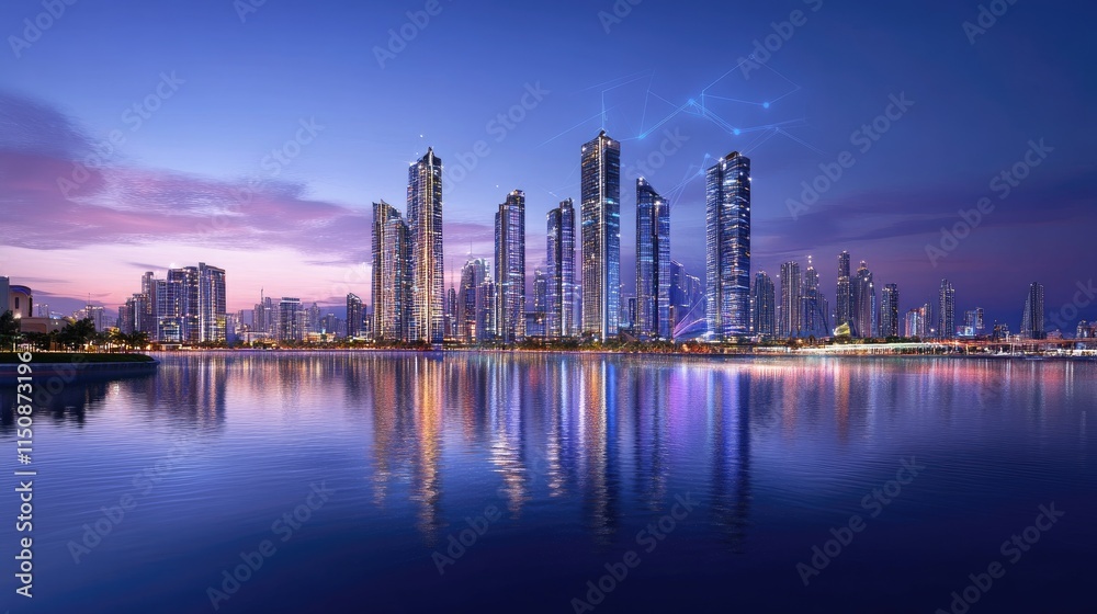 Fototapeta premium Urban skyline reflection at twilight over calm water surface