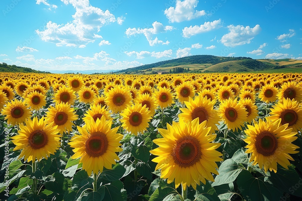 Obraz premium Sunflowers blooming in field under blue sky.