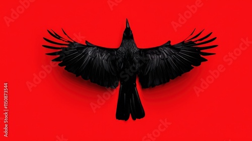 Black crow with wings spread on red background.