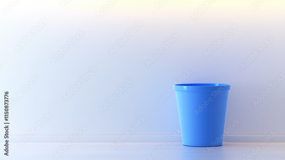 Blue Plastic Trash Bin Against Simple Modern Wall Background Blue Plastic Trash Bin Against Simple Modern Wall Background