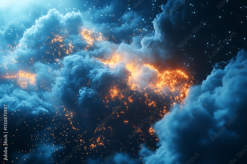 Celestial Inferno: A Night Sky Embraces Fiery Clouds