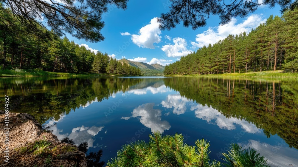 Serene nature concept. A serene landscape featuring a calm lake surrounded by lush pine trees and blue skies.