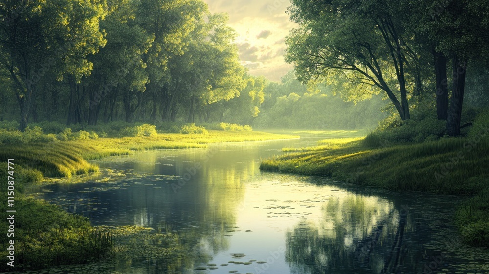 Obraz premium Serene River Landscape: Tranquil Waters Reflecting Sunlight Through Lush Green Forest