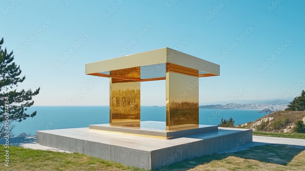 Golden Contemporary Sculpture Overlooking Blue Ocean and Sky Golden Contemporary Sculpture Overlooking Blue Ocean and Sky