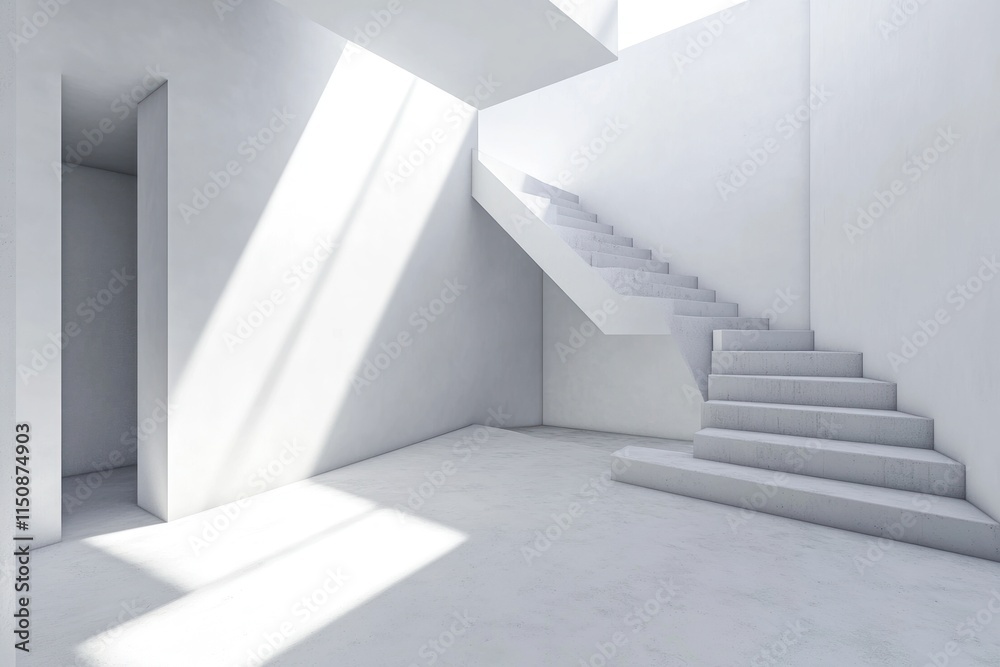 Minimalist white interior with stairs and sunlight. Minimalist white interior with stairs and sunlight.