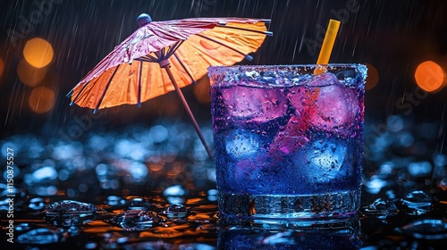 A vibrant cocktail with an umbrella, set against a rainy backdrop.