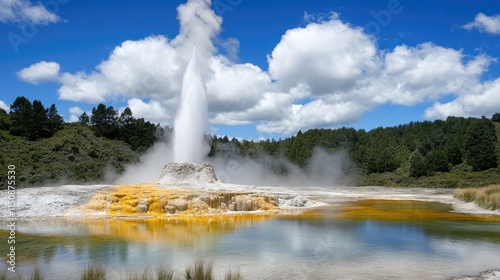 Wallpaper Mural Majestic Geyser Erupting Amidst Lush Green Landscape and Clouds Torontodigital.ca