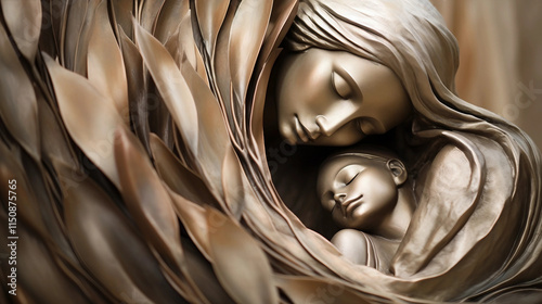 Abstract Sculpture of Mother and Child Embracing with Leaves 