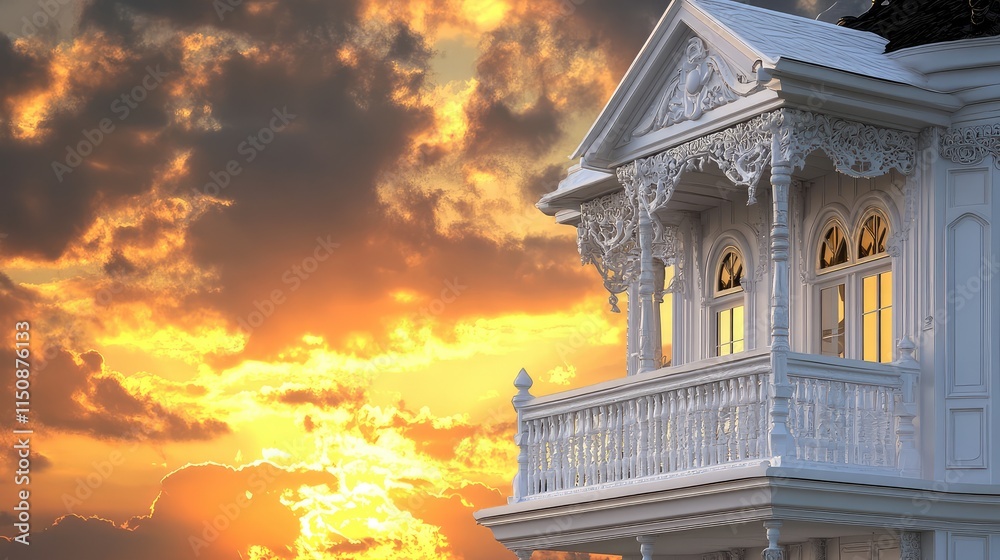 Fototapeta premium Majestic Victorian House Against Vibrant Sunset Sky