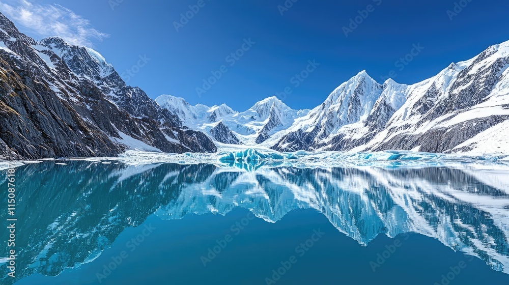 Serene nature idea. Stunning alpine landscape with snow-capped mountains and a reflective blue glacial lake. Serene nature idea. Stunning alpine landscape with snow-capped mountains and a reflective blue glacial lake.