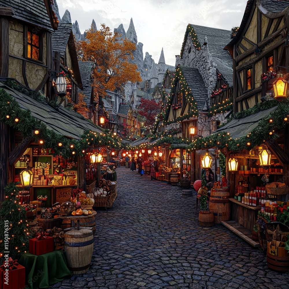 Fototapeta premium Christmas Market in a Medieval Village Scene