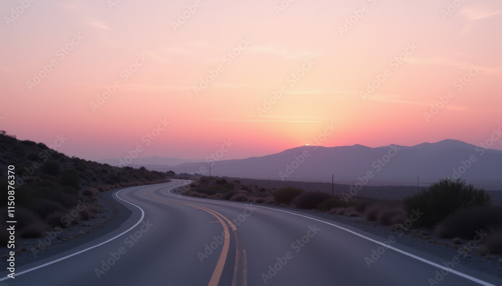 Curved empty country road at dusk leading towards the mountains with a colorful sunset Curved empty country road at dusk leading towards the mountains with a colorful sunset
