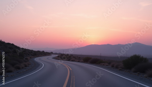 Curved empty country road at dusk leading towards the mountains with a colorful sunset